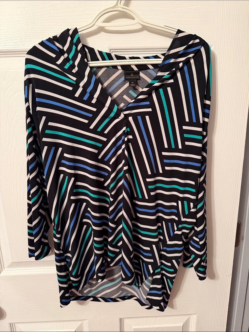 W by Worth Black V-Neck Tunic with Teal & Light Blue Stripes